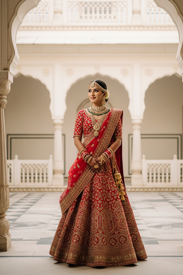 Woman in traditional red and gold outfit standing in a decorative interior setting