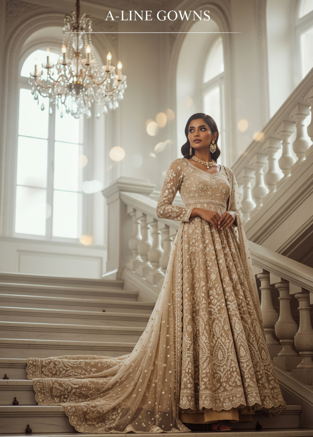 Woman in a beige A-line gown standing on a staircase with a chandelier in the background.