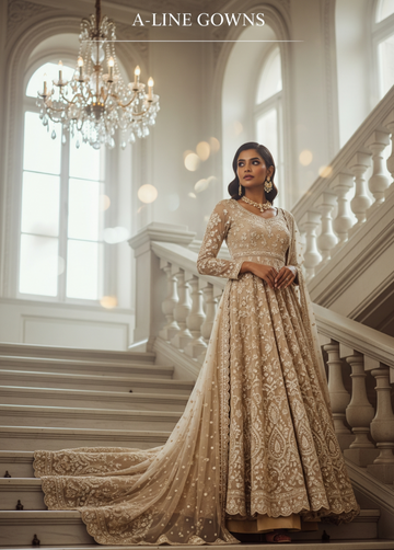 Woman in a beige A-line gown standing on a staircase with a chandelier in the background.