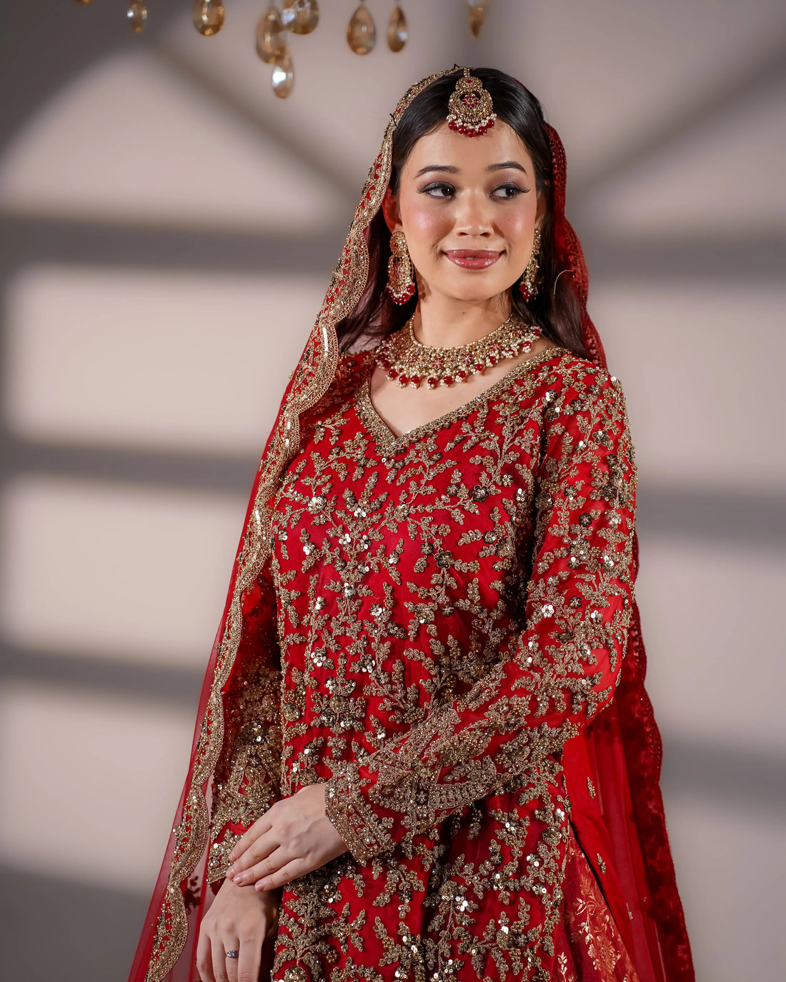 Crimson Red Gold Embroidered Bridal Sharara Set