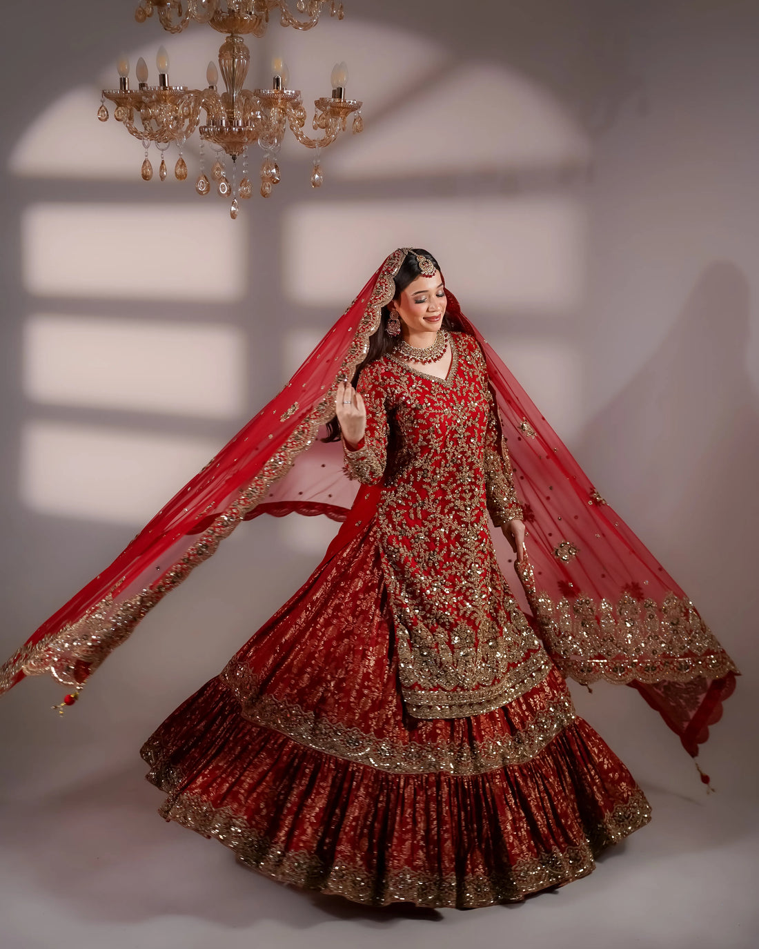 Crimson Red Gold Embroidered Bridal Sharara Set