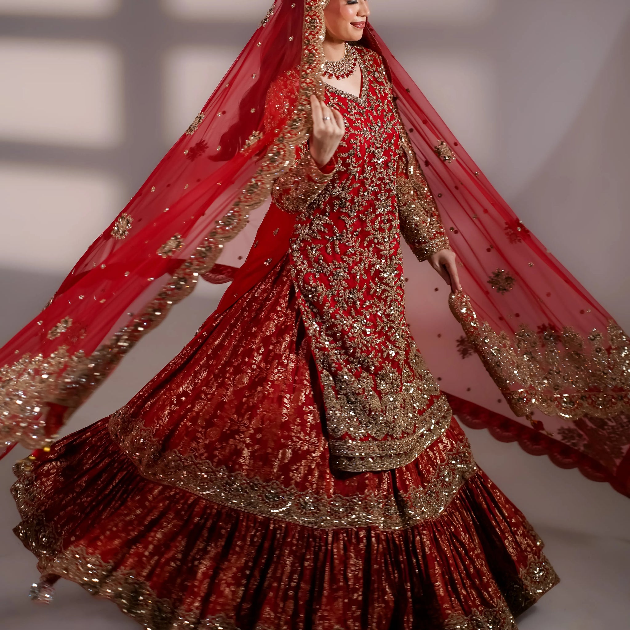 Crimson Red Gold Embroidered Bridal Sharara Set