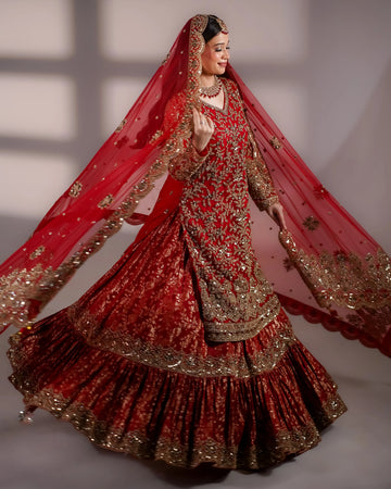 Crimson Red Gold Embroidered Bridal Sharara Set