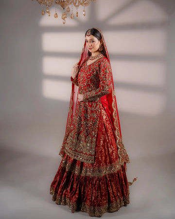Crimson Red Gold Embroidered Bridal Sharara Set