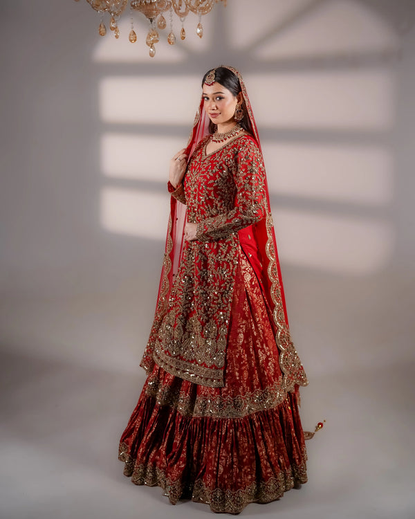 Crimson Red Gold Embroidered Bridal Sharara Set