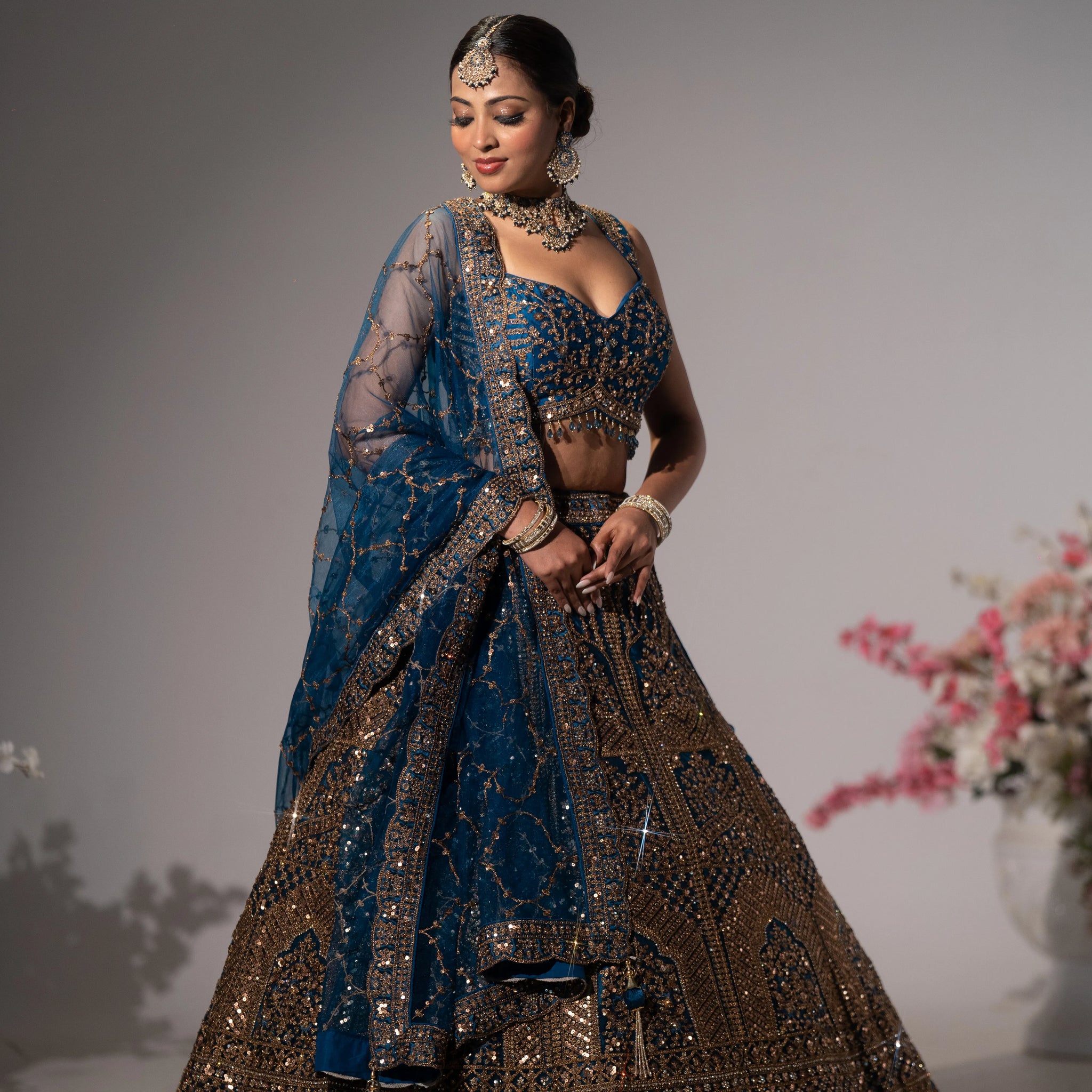 Midnight Blue & Antique Bronze Heavily Embellished Bridal Lehenga Set