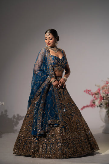 Midnight Blue & Antique Bronze Heavily Embellished Bridal Lehenga Set