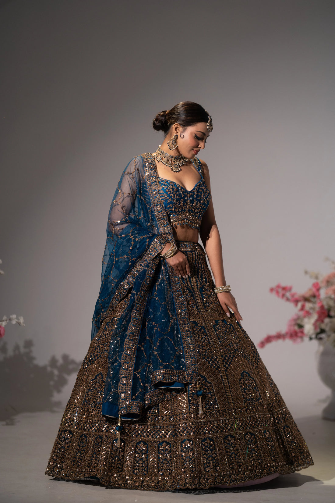 Midnight Blue & Antique Bronze Heavily Embellished Bridal Lehenga Set