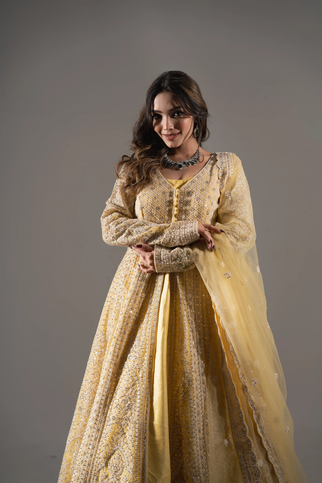 Pale Yellow & Silver Heavy Embroidered Front-Slit Jacket Lehenga
