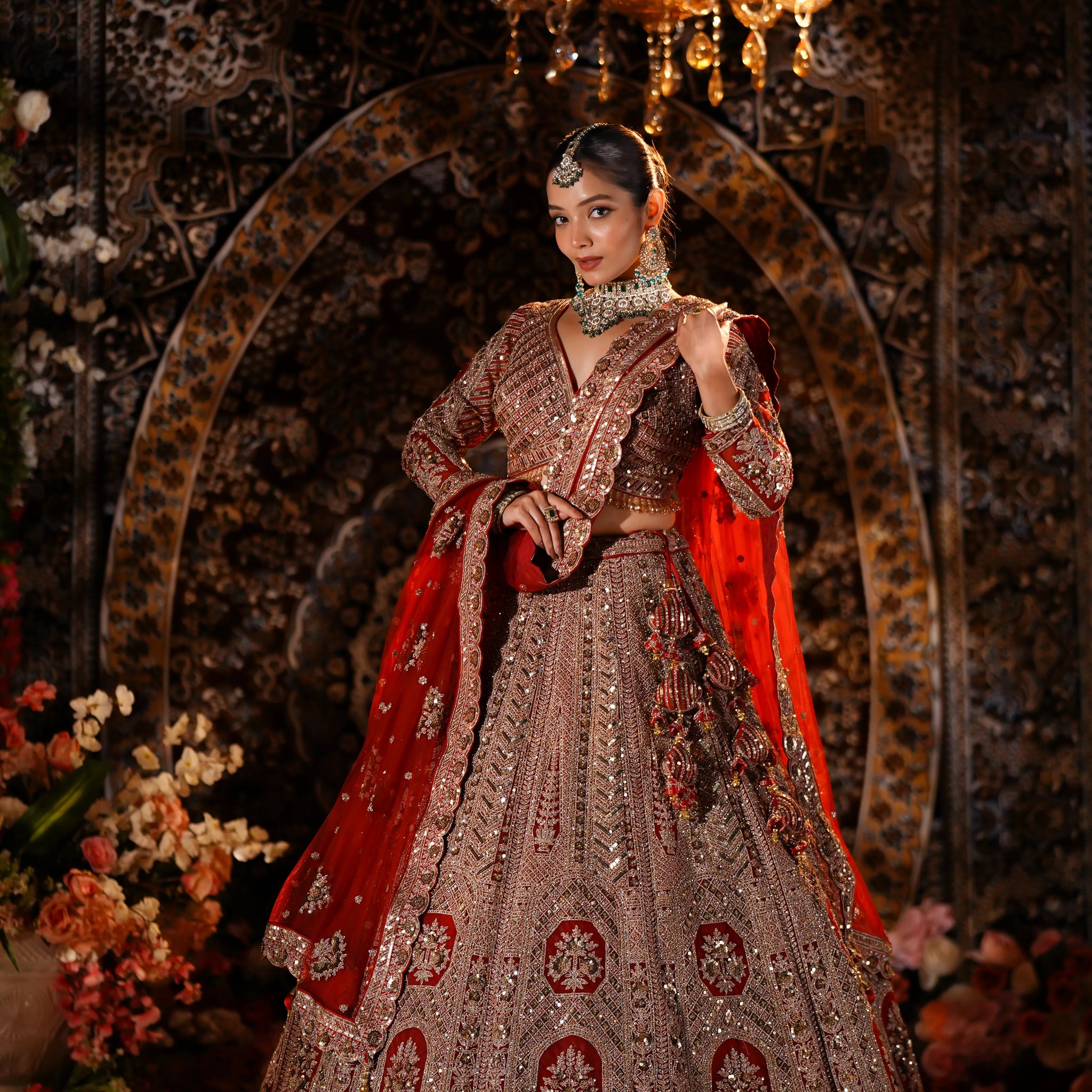 Antique Rose Gold & Deep Red Heavily Embellished Bridal Lehenga Set