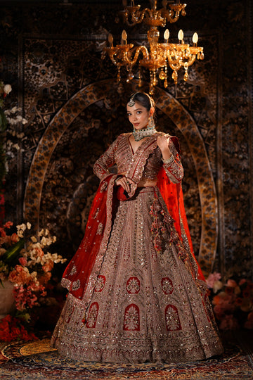 Antique Rose Gold & Deep Red Heavily Embellished Bridal Lehenga Set
