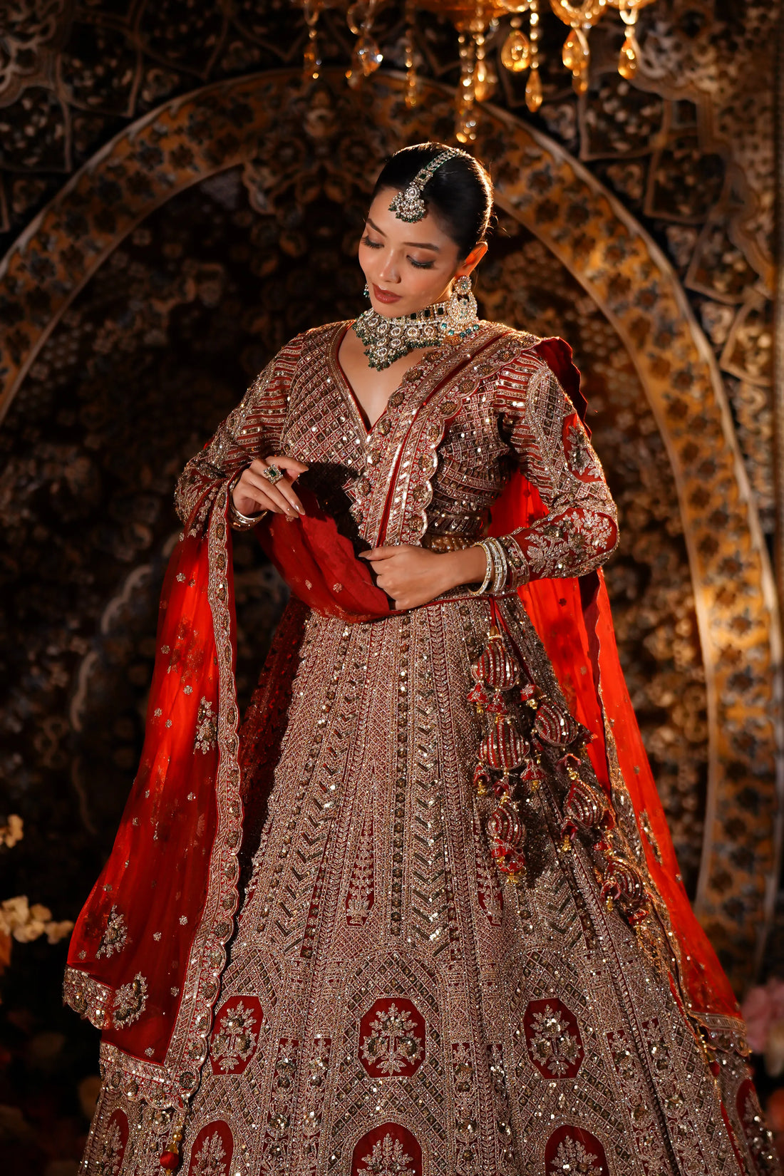 Antique Rose Gold & Deep Red Heavily Embellished Bridal Lehenga Set