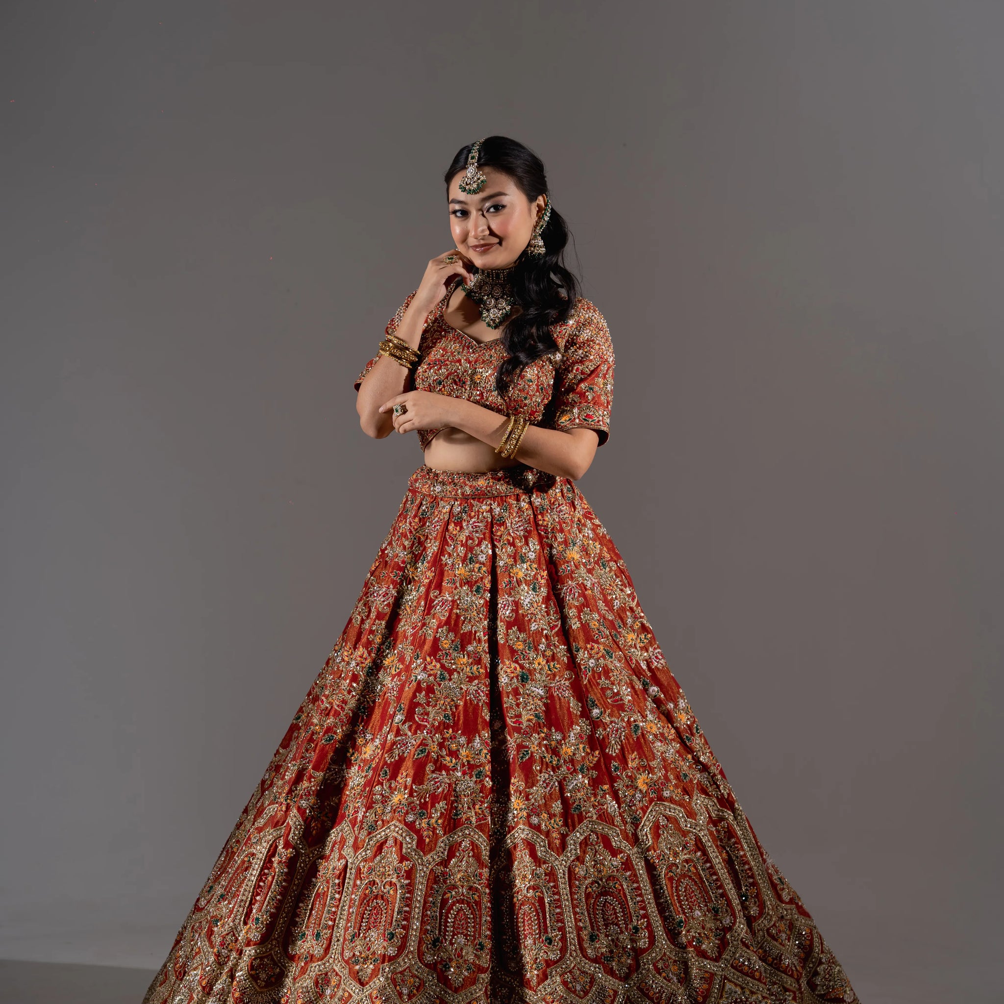 Rust Orange Zardosi Embroidered Bridal Lehenga