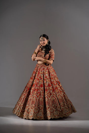 Rust Orange Zardosi Embroidered Bridal Lehenga