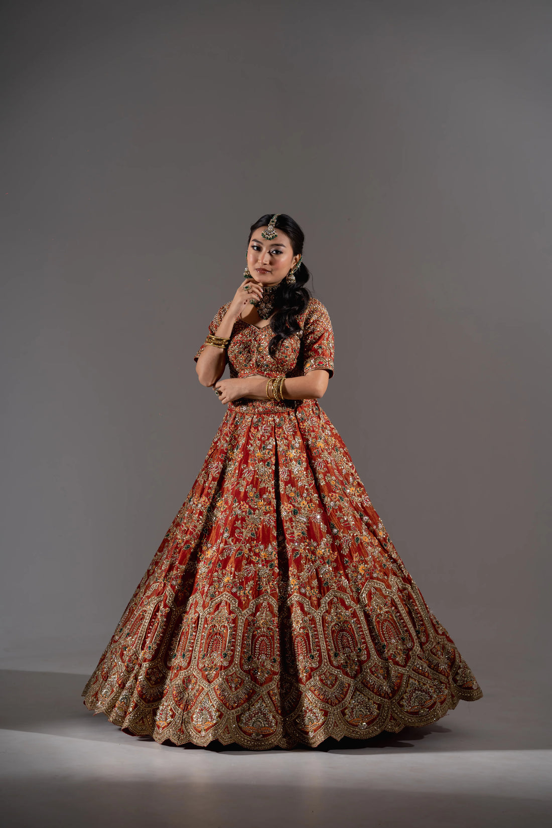 Rust Orange Zardosi Embroidered Bridal Lehenga