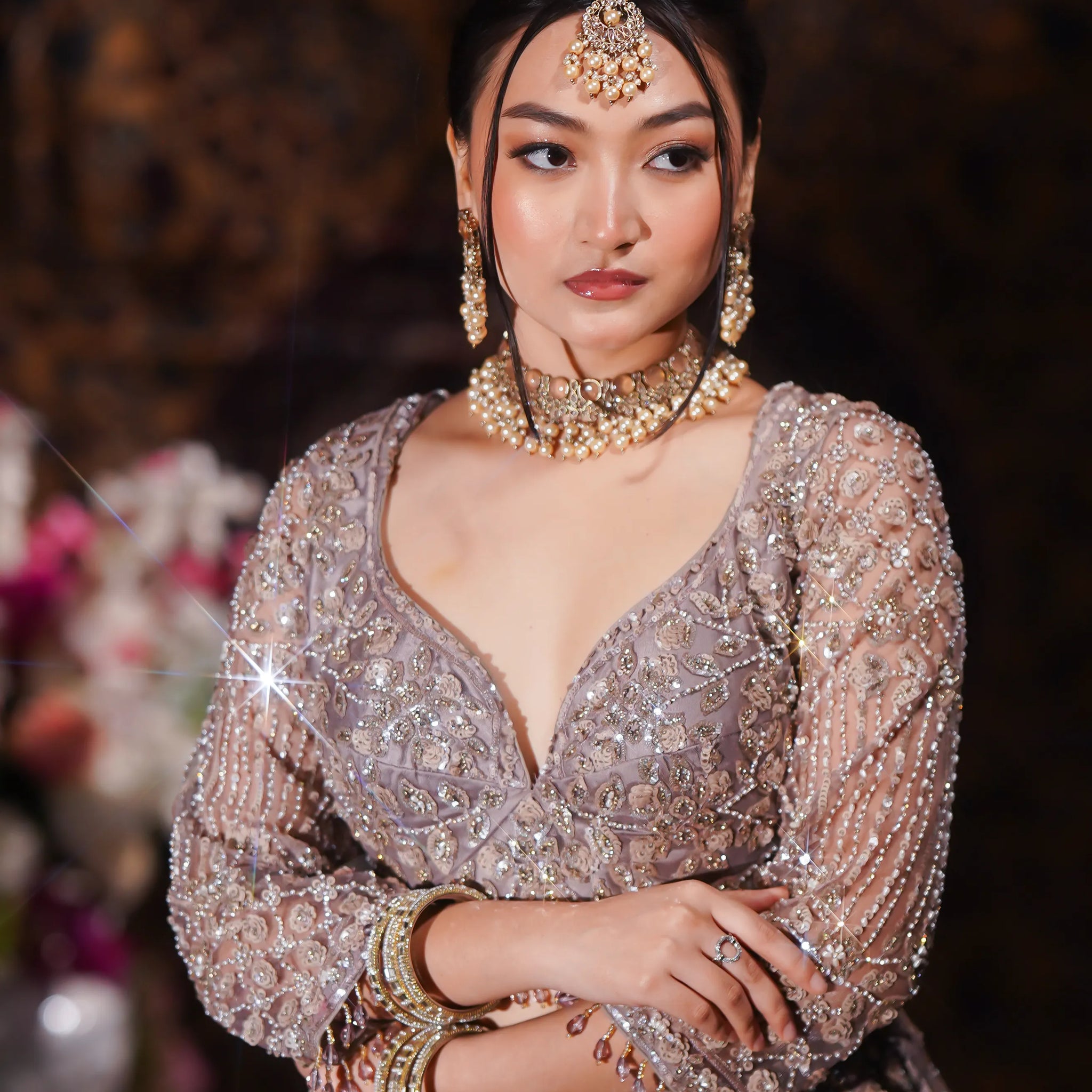 Dusty Mauve Crystal & Sequin Embroidered Lehenga Set