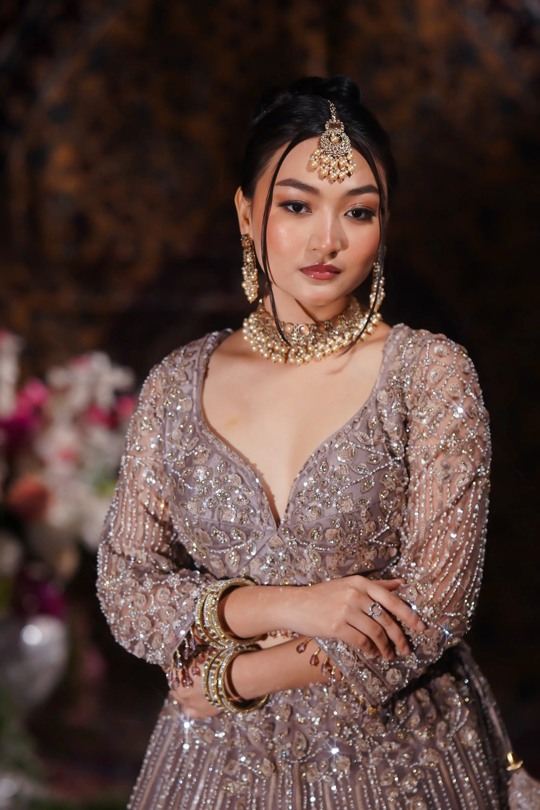 Dusty Mauve Crystal & Sequin Embroidered Lehenga Set