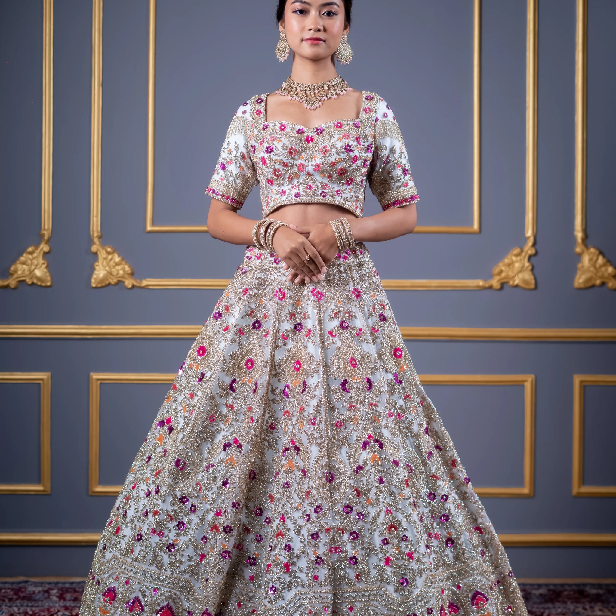 Ivory White Multi-Floral Embroidered Bridal Lehenga