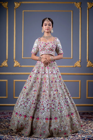 Ivory White Multi-Floral Embroidered Bridal Lehenga