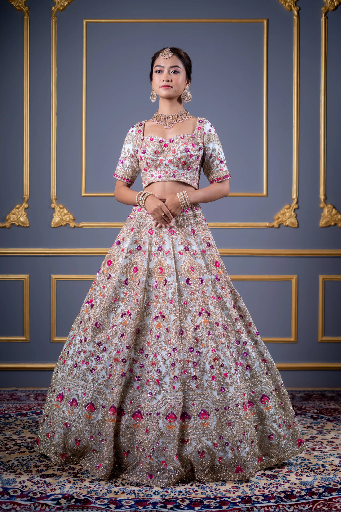 Ivory White Multi-Floral Embroidered Bridal Lehenga