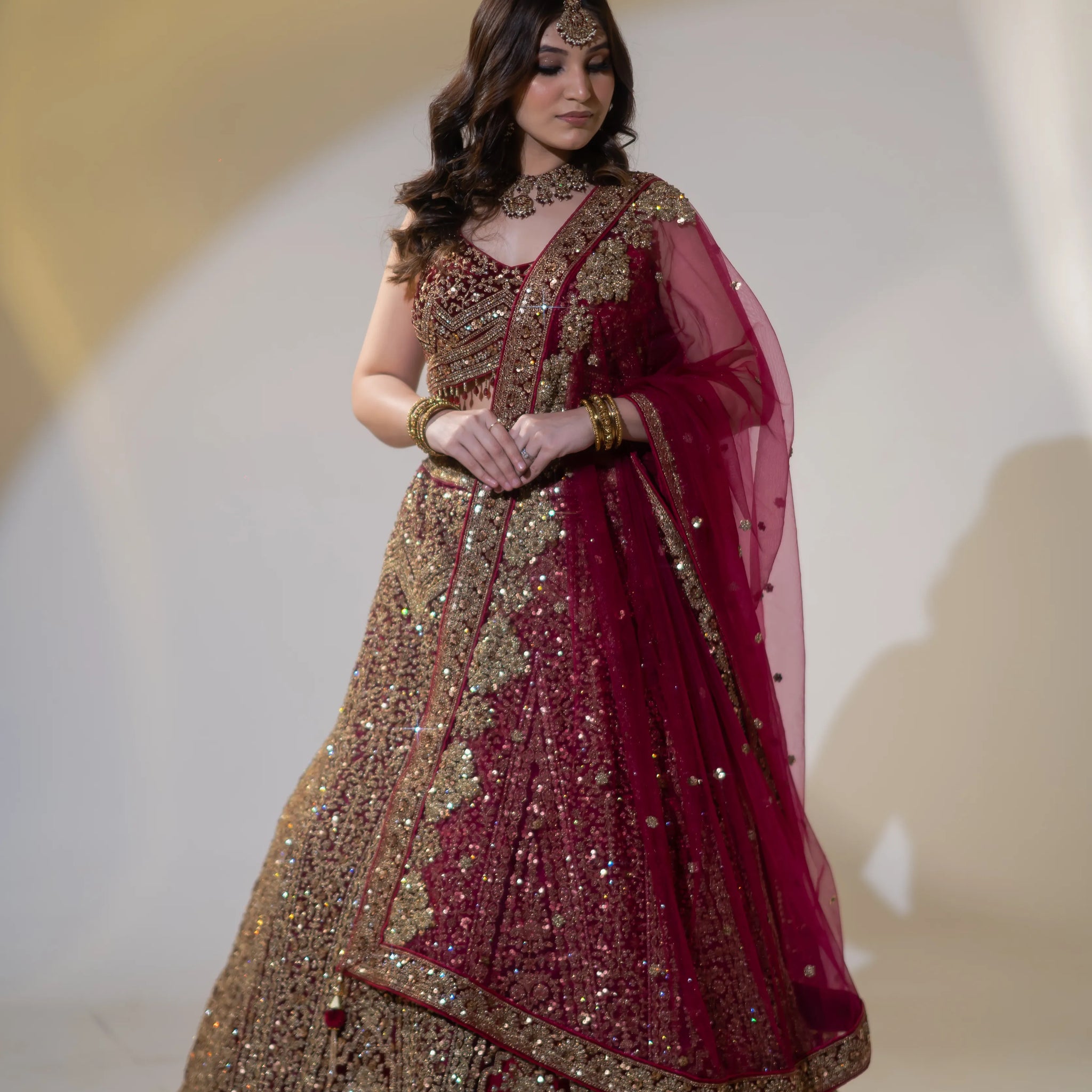 Wine Maroon Velvet Heavy Zardosi & Sequin Bridal Lehenga Set