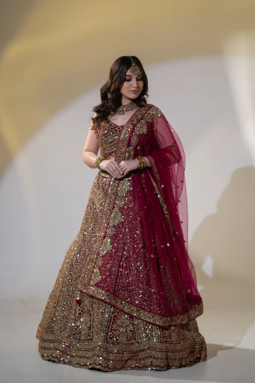 Wine Maroon Velvet Heavy Zardosi & Sequin Bridal Lehenga Set