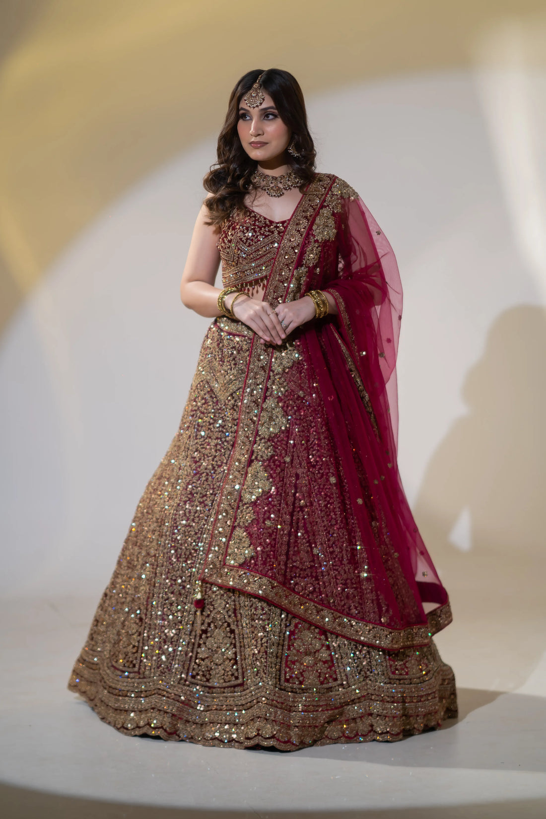 Wine Maroon Velvet Heavy Zardosi & Sequin Bridal Lehenga Set