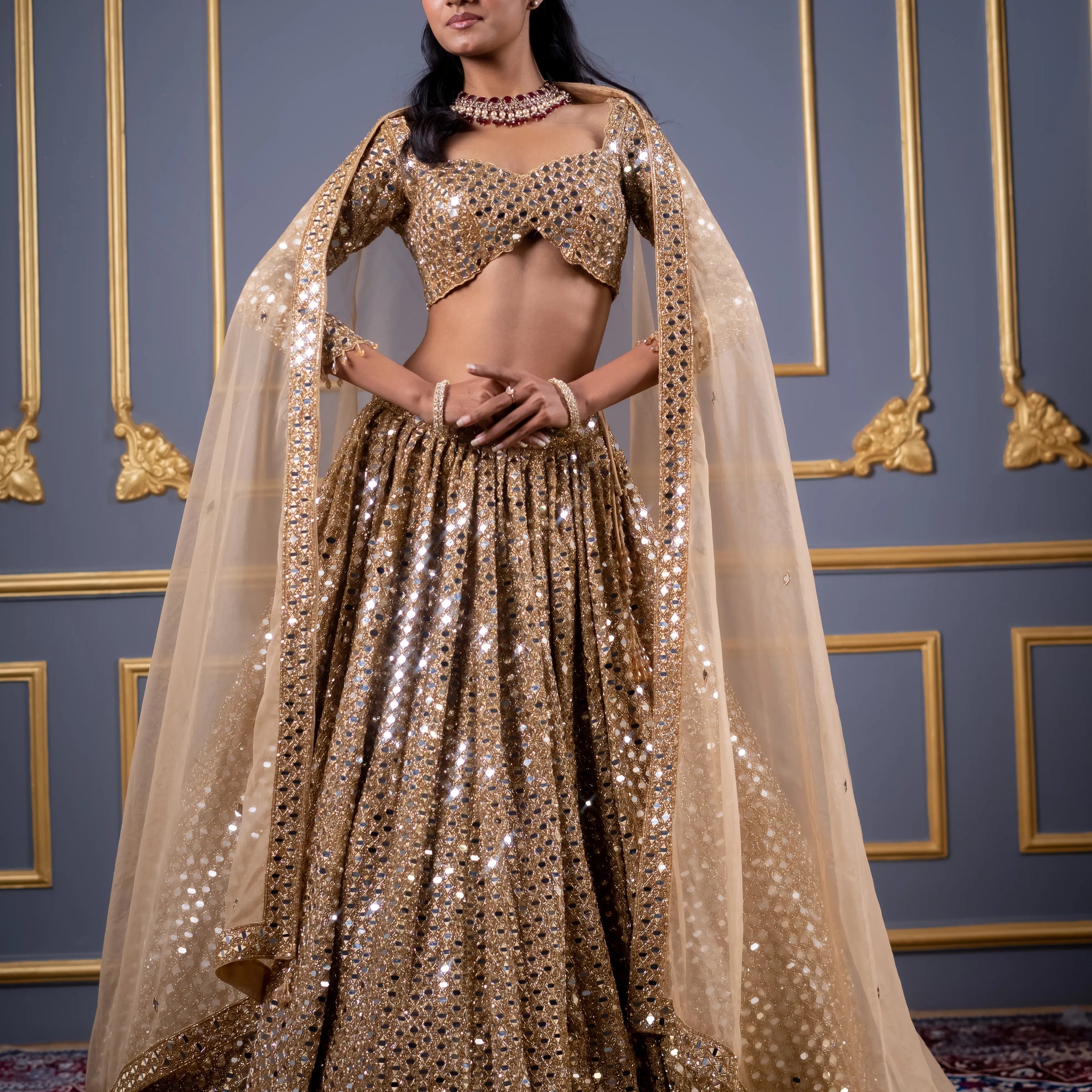 Dazzling Champagne Gold Mirror Work Bridal Lehenga