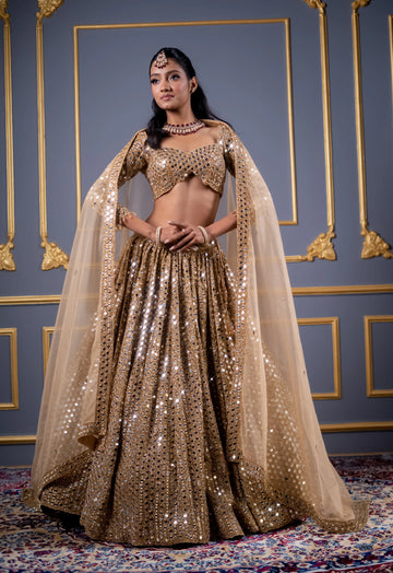 Dazzling Champagne Gold Mirror Work Bridal Lehenga