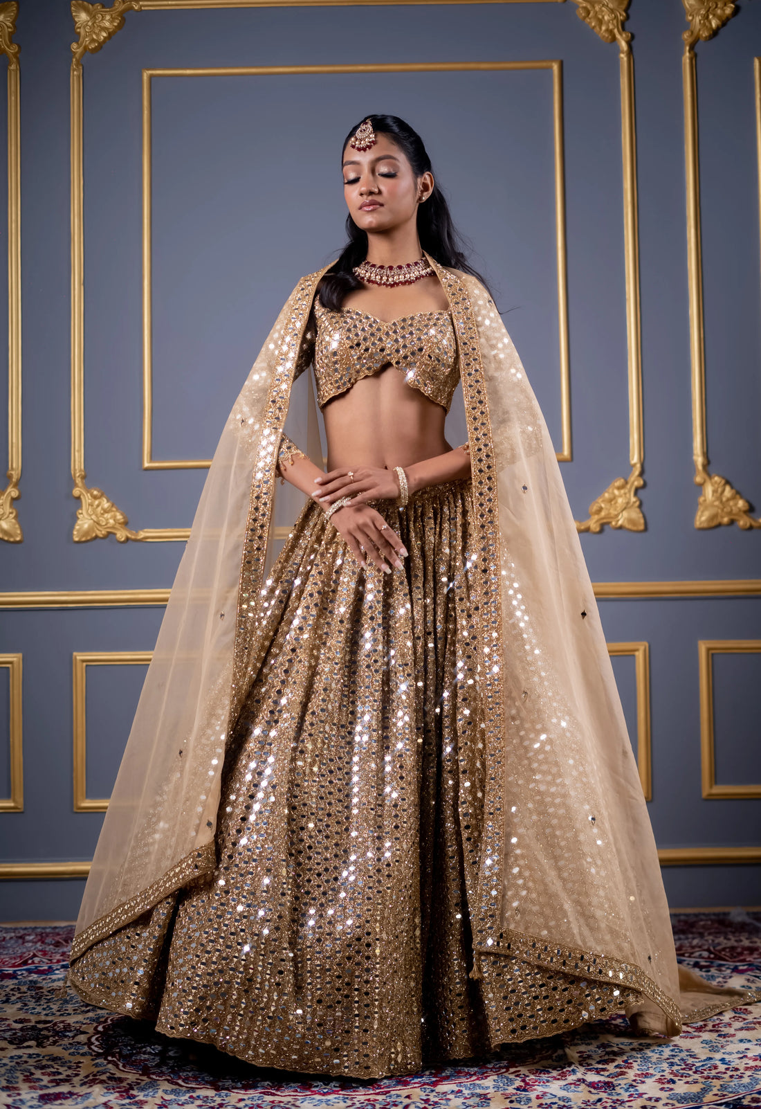 Dazzling Champagne Gold Mirror Work Bridal Lehenga