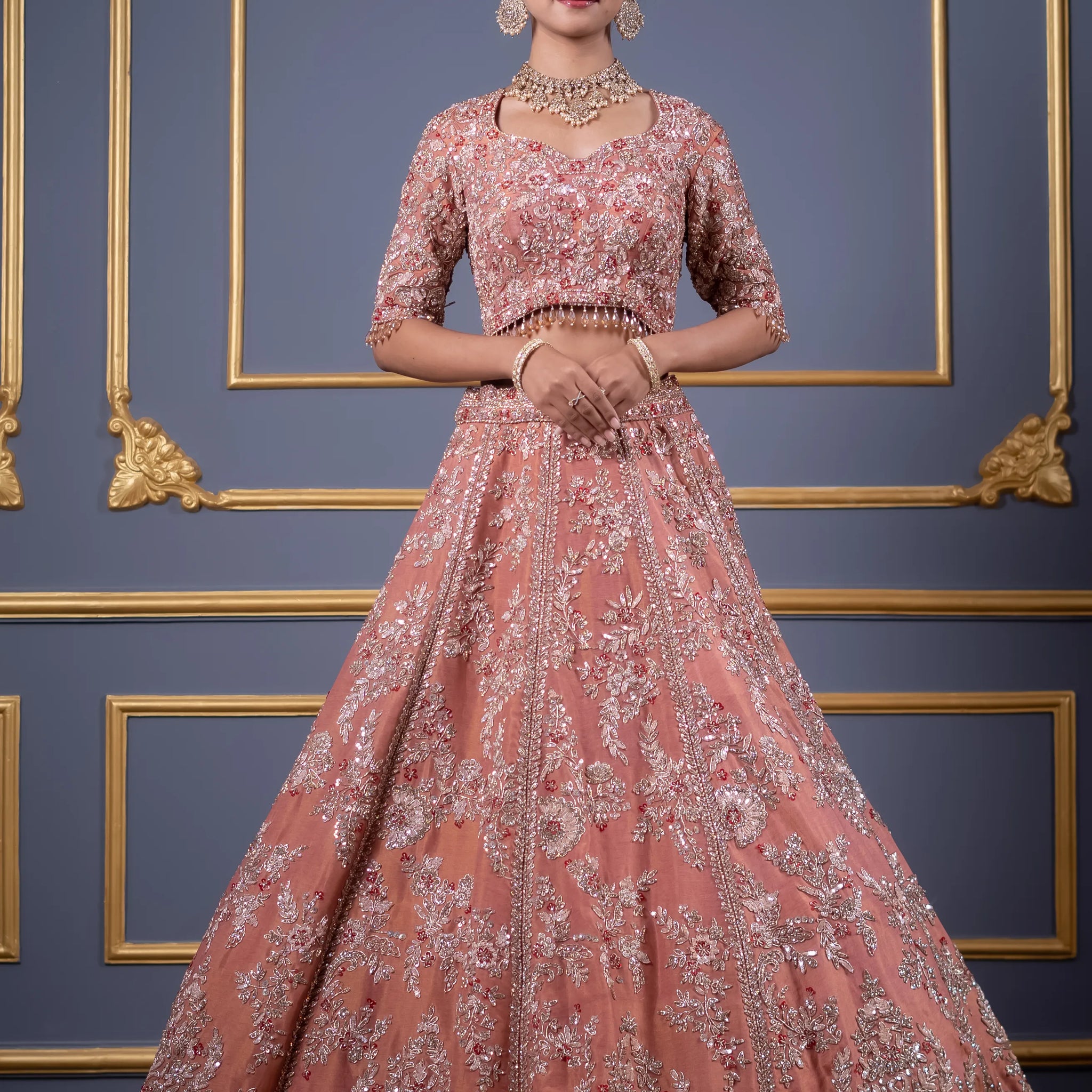 Dusty Peach Floral Embroidered Bridal Lehenga