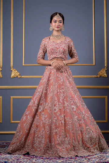 Dusty Peach Floral Embroidered Bridal Lehenga