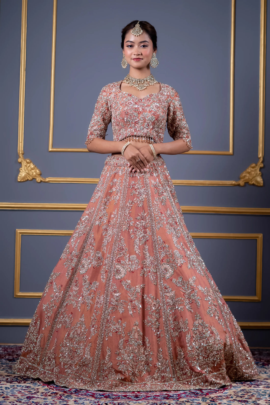 Dusty Peach Floral Embroidered Bridal Lehenga