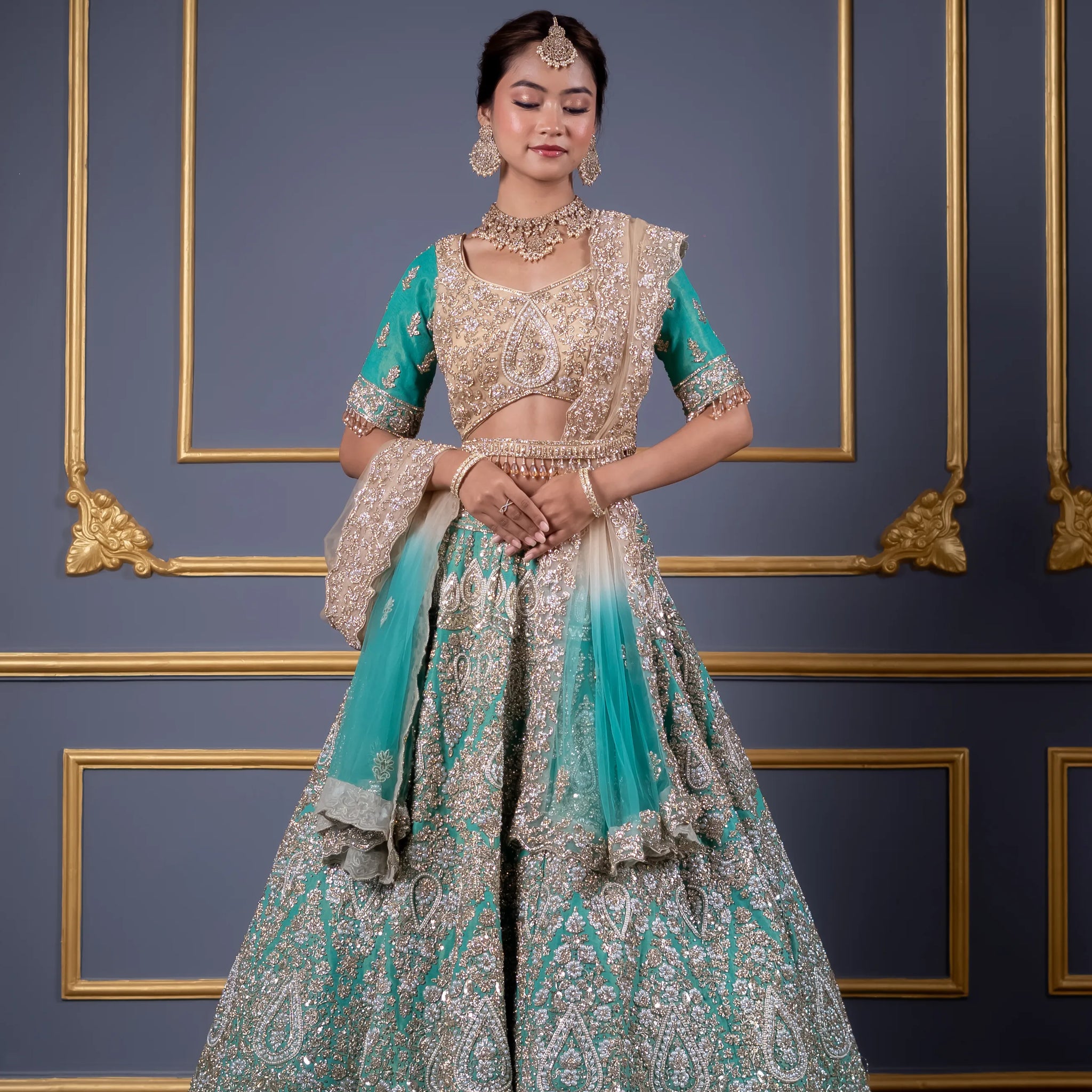 Seafoam Green & Beige Ombre Embroidered Bridal Lehenga