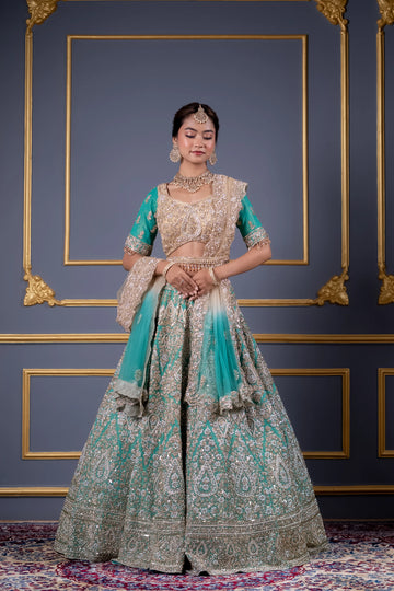 Seafoam Green & Beige Ombre Embroidered Bridal Lehenga