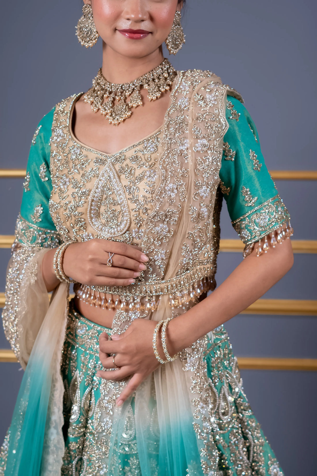 Seafoam Green & Beige Ombre Embroidered Bridal Lehenga