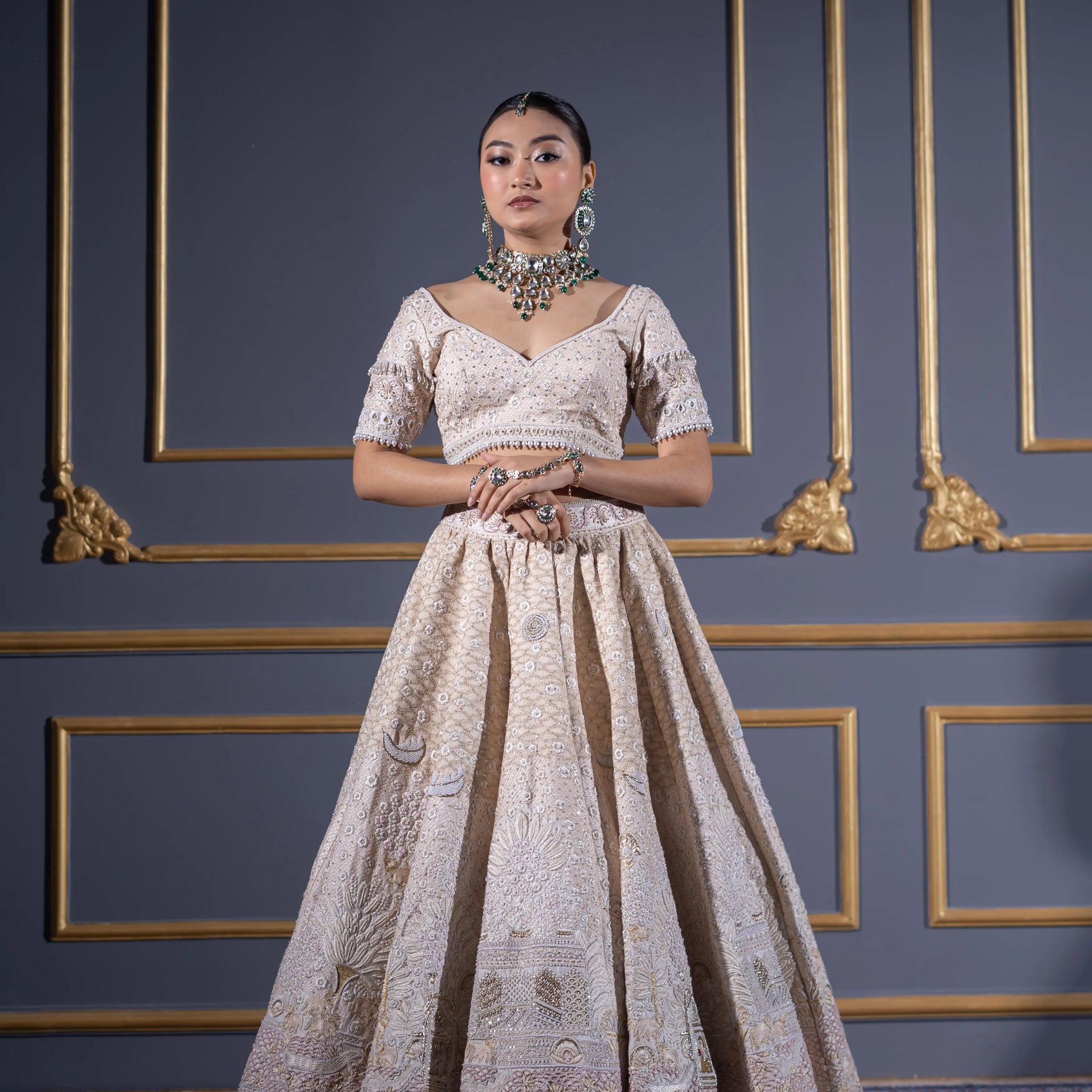 Ivory Beige Nature Motif Embroidered Bridal Lehenga