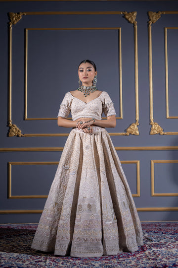 Ivory Beige Nature Motif Embroidered Bridal Lehenga