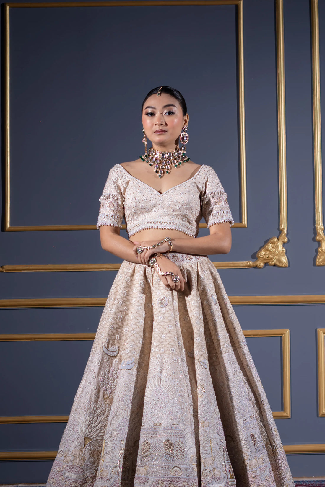 Ivory Beige Nature Motif Embroidered Bridal Lehenga