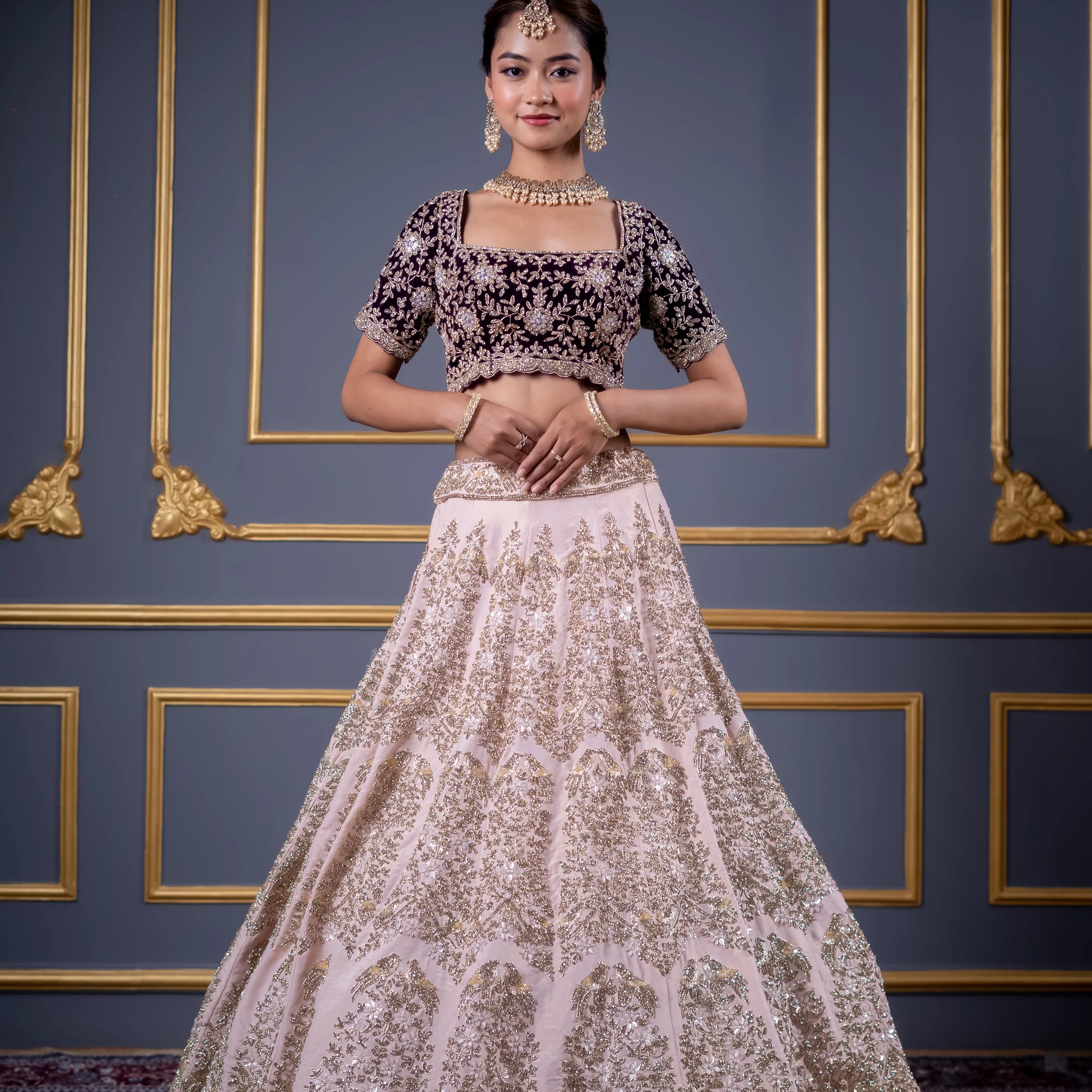 Midnight Black & Blush Pink Velvet Contrast Bridal Lehenga