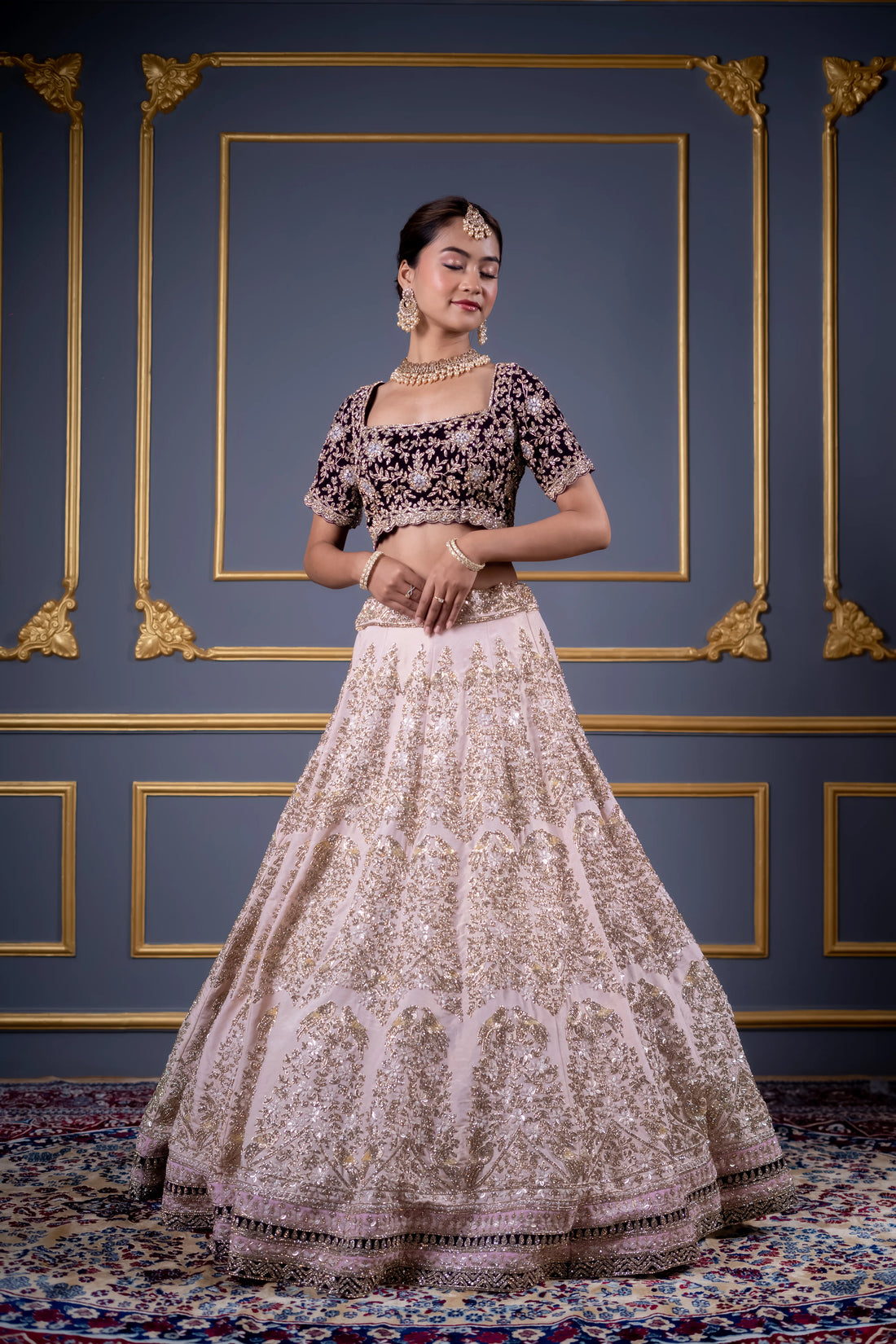 Midnight Black & Blush Pink Velvet Contrast Bridal Lehenga
