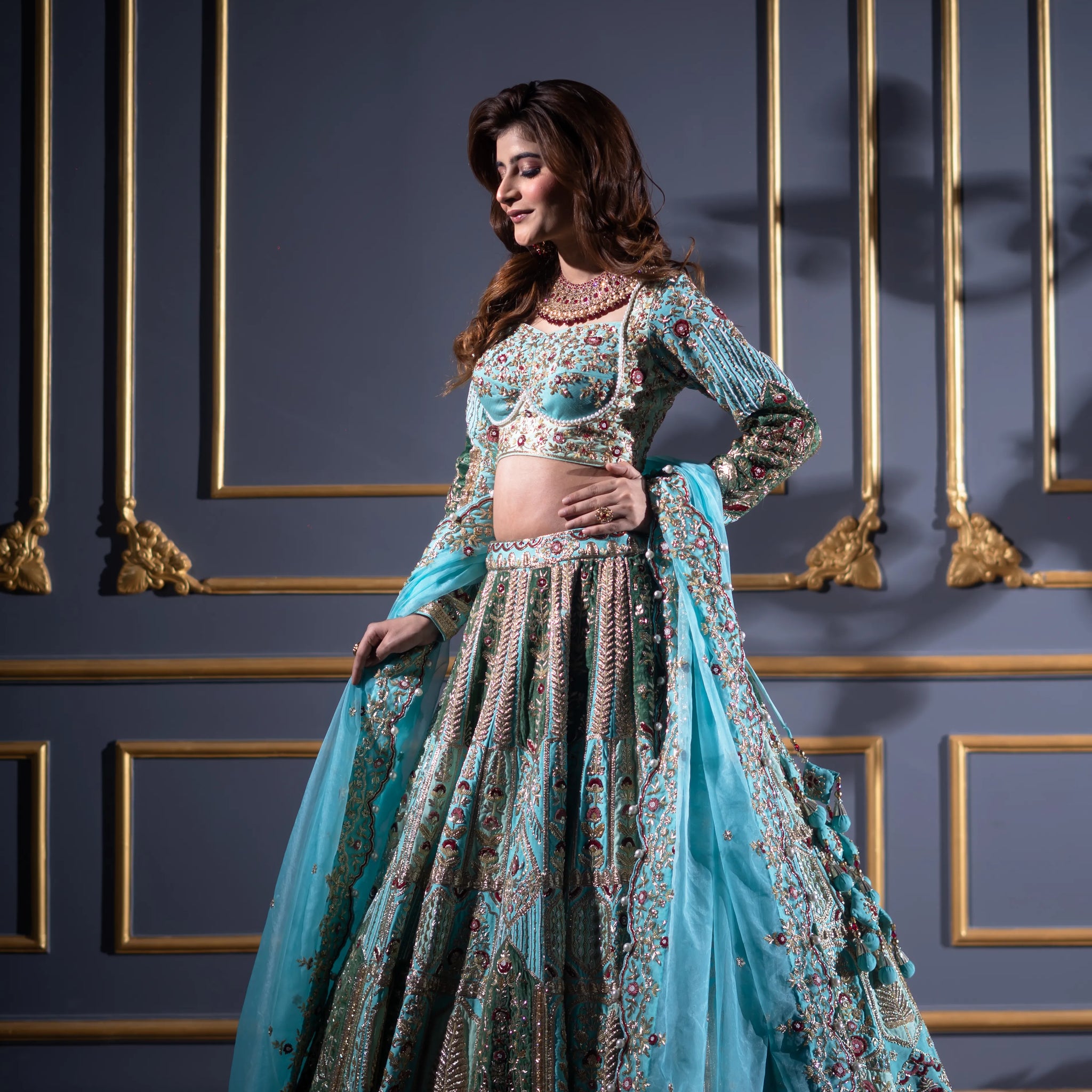 Turquoise Blue & Olive Pearl Embroidered Bridal Lehenga