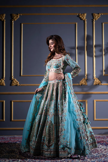 Turquoise Blue & Olive Pearl Embroidered Bridal Lehenga