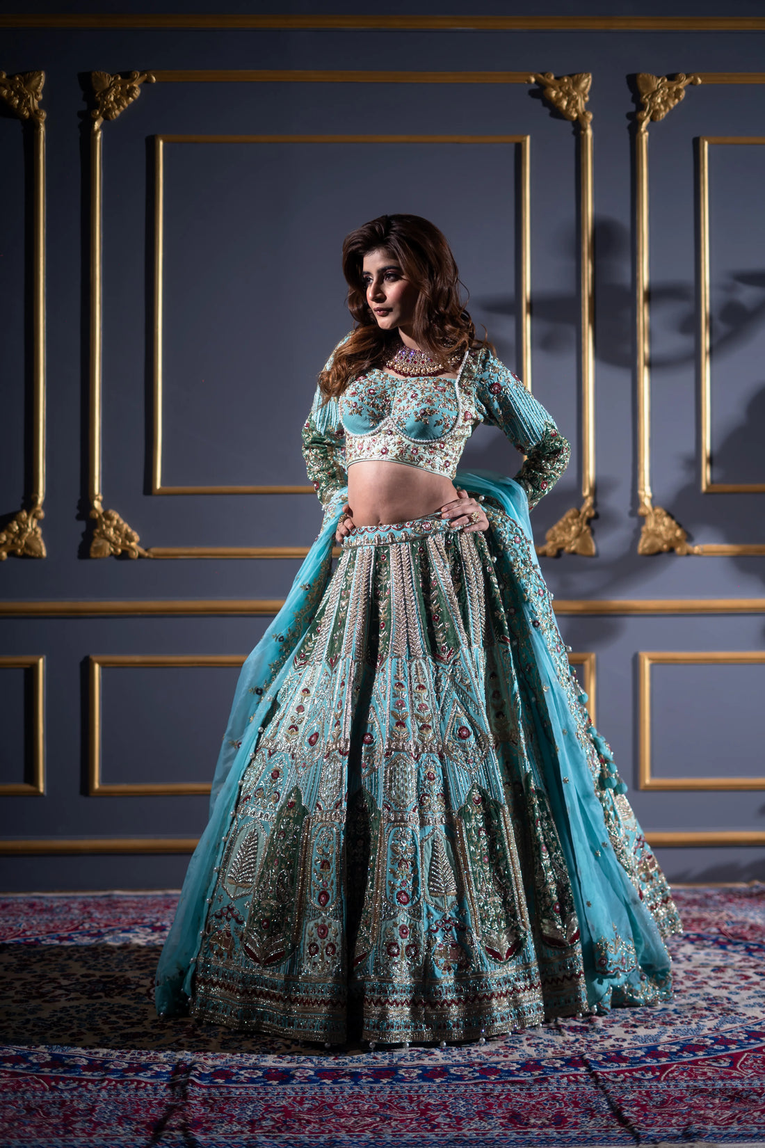Turquoise Blue & Olive Pearl Embroidered Bridal Lehenga