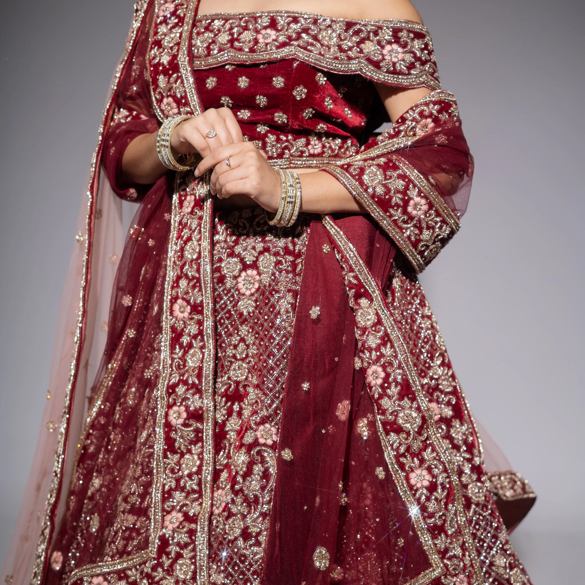 Deep Maroon Velvet Off-Shoulder Embroidered Bridal Lehenga