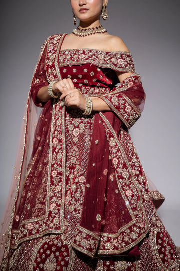 Deep Maroon Velvet Off-Shoulder Embroidered Bridal Lehenga