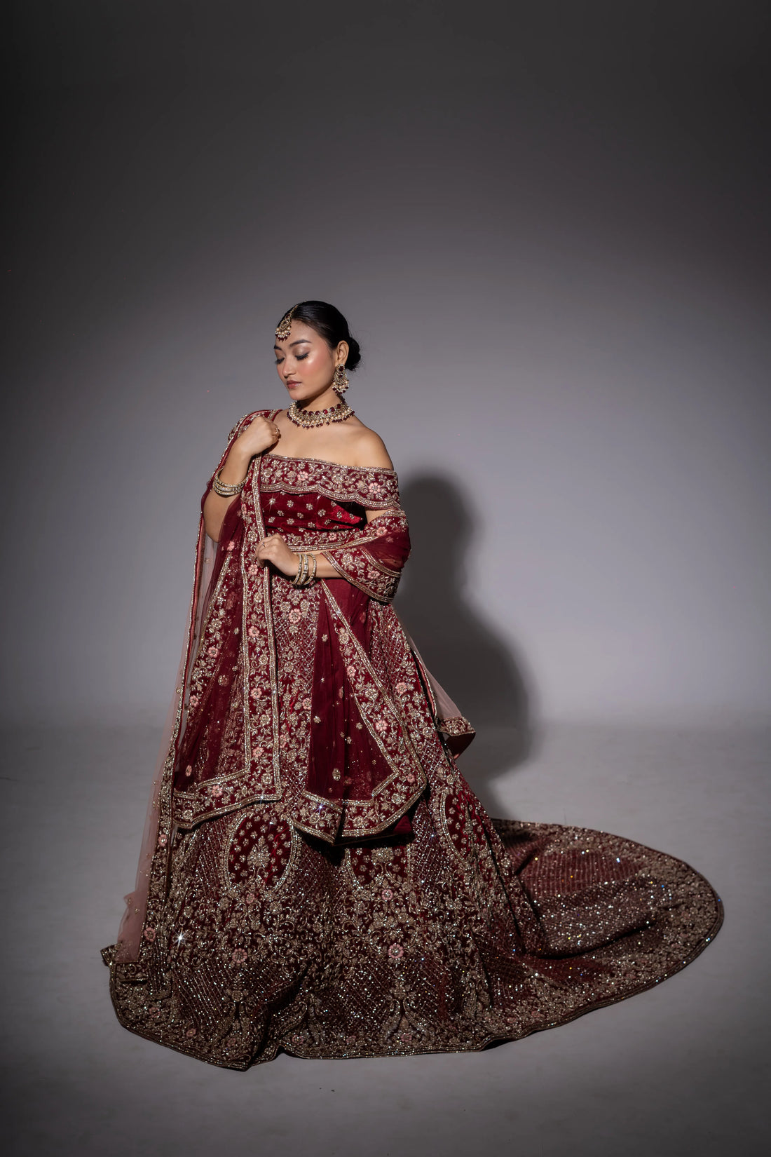 Deep Maroon Velvet Off-Shoulder Embroidered Bridal Lehenga