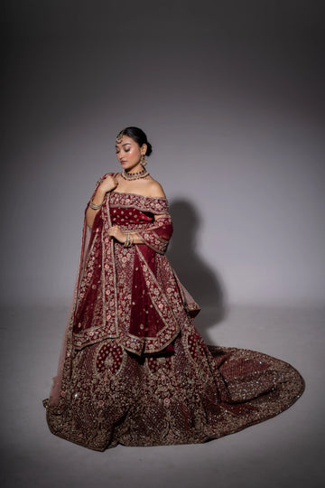 Deep Maroon Velvet Off-Shoulder Embroidered Bridal Lehenga