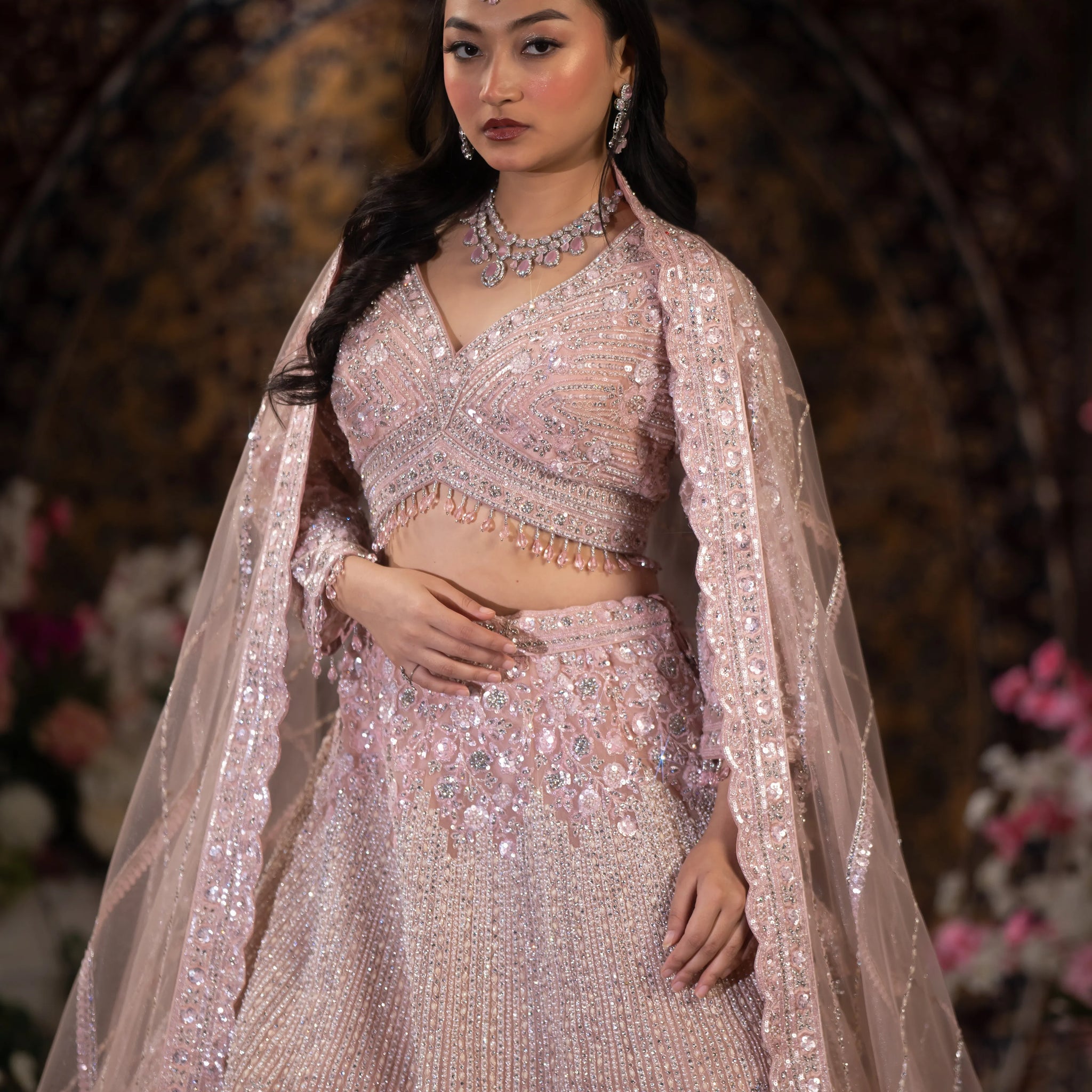 Blush Pink Crystal & Sequin Embroidered Lehenga Set