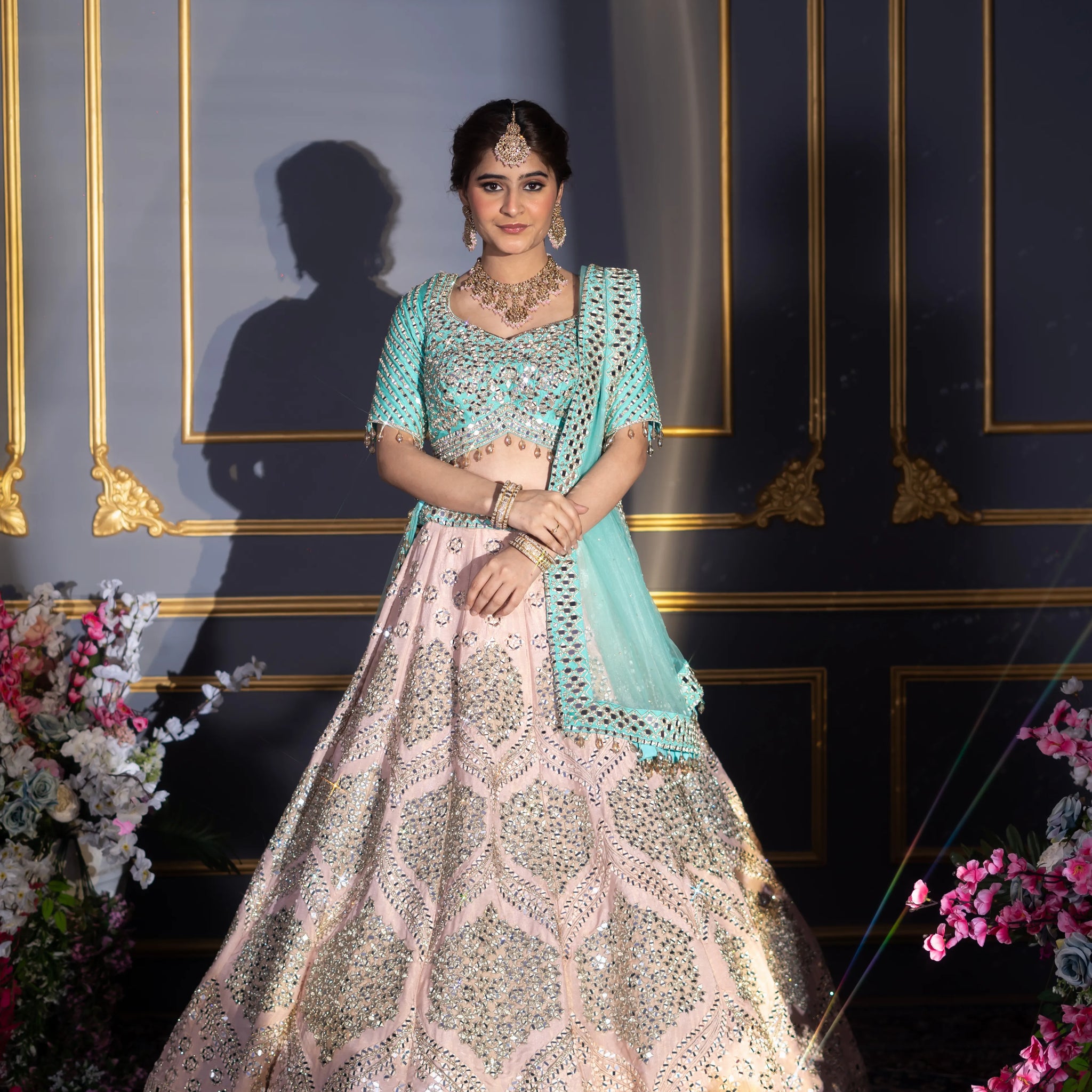 Blush Pink & Turquoise Contrast Mirror Work Bridal Lehenga